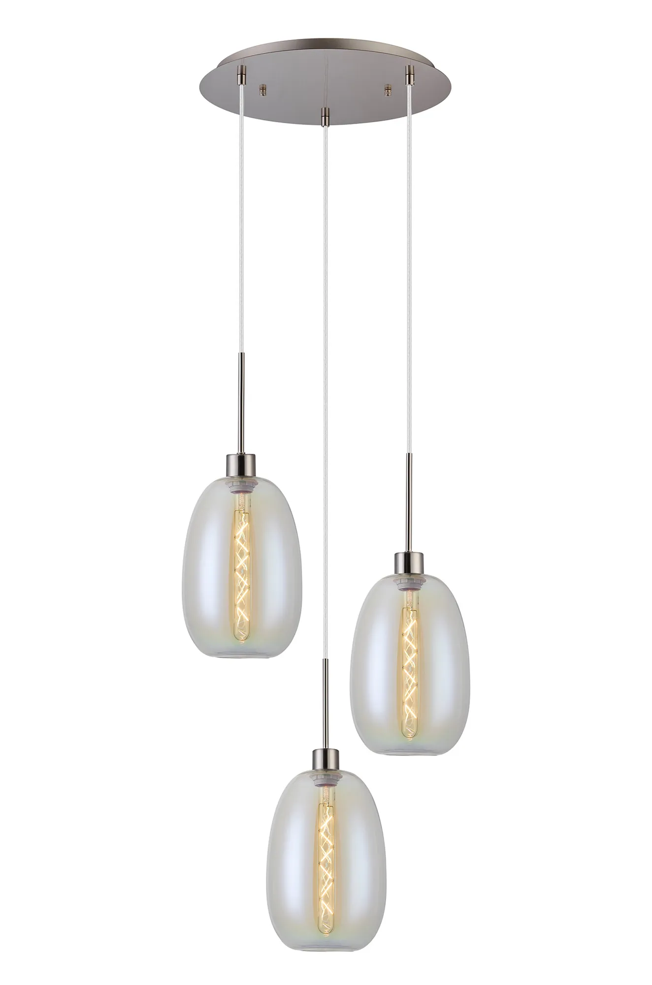 Lori 40cm Round Pendant, 3 Light Adjustable E27, Satin Nickel/Iridescent Slim Curved Trapezium Shades DK1362  Deco Lori Satin Nickel
